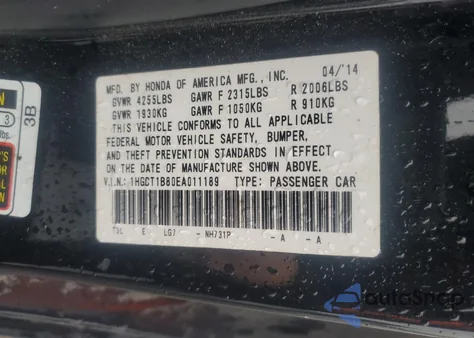 2014 Honda Accord Exl from USA, damaged, VIN 1HGCT1B80EA011189